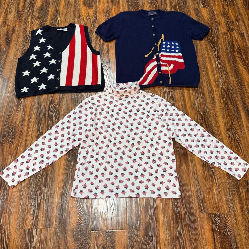 Vintage Americana‎ Size L Mountain Lake Patriotic Shirt Sweater Vest Top Women's